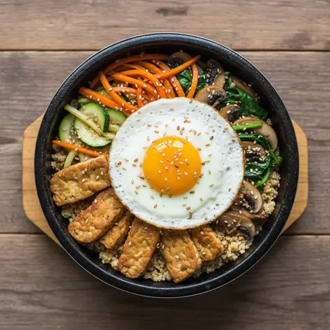 Bibimbap d'œufs au tempeh et légumes sautés