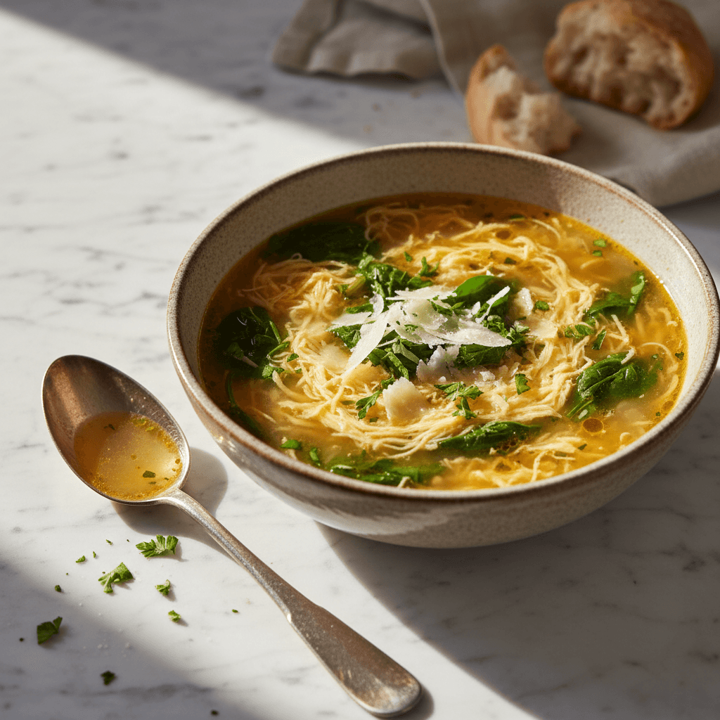 Soupe stracciatella aux épinards et parmesan
