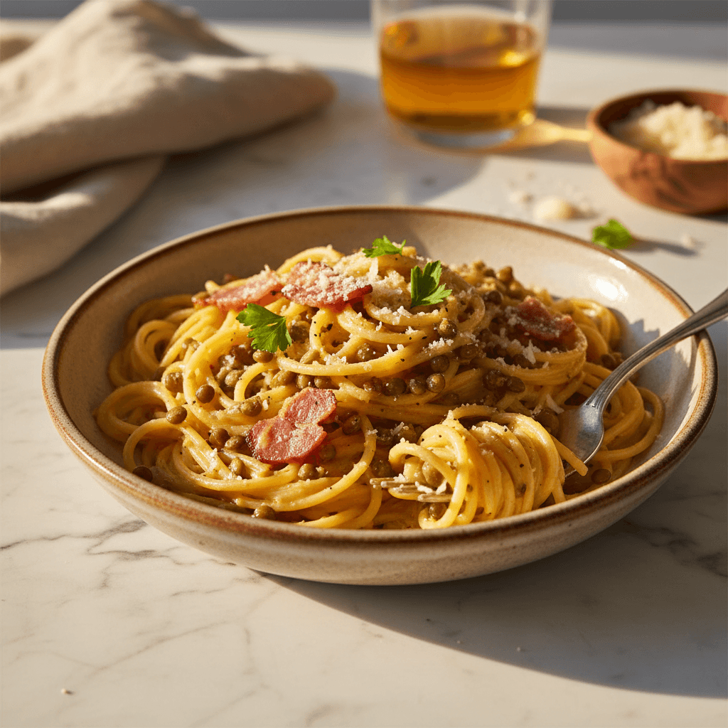 Pâtes à la carbonara revisitée aux lentilles
