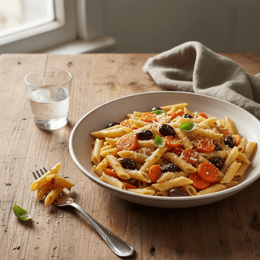 Pasta mit Oliven und Möhren