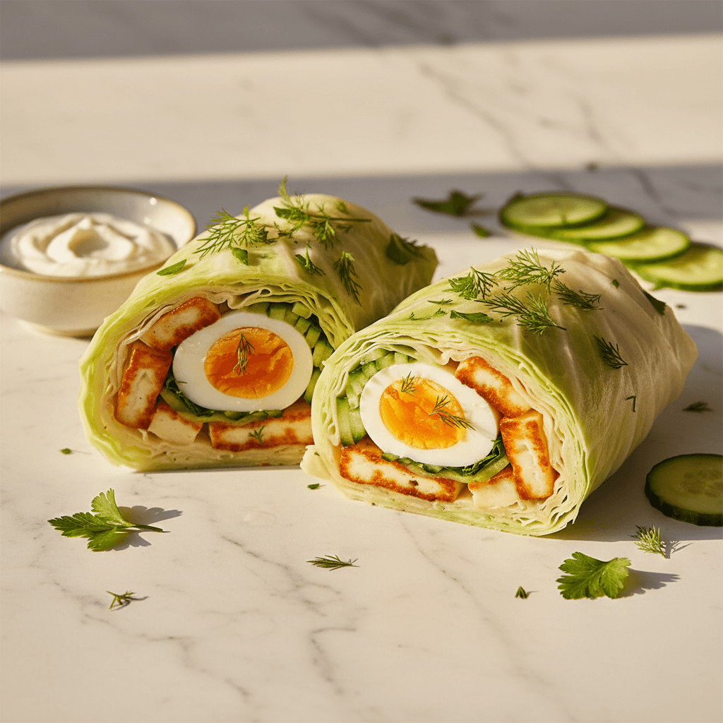 Wrap de chou aux œufs durs, halloumi et concombre