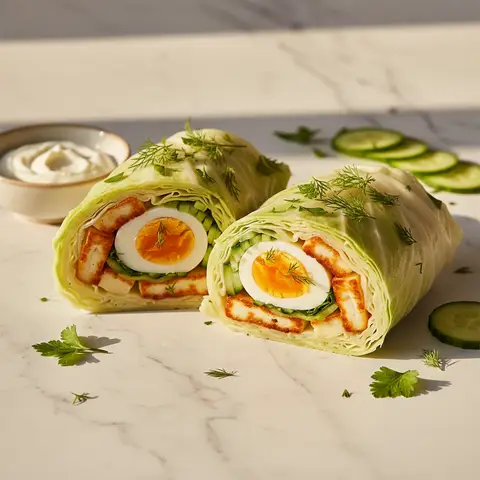 Wrap de chou aux œufs durs, halloumi et concombre