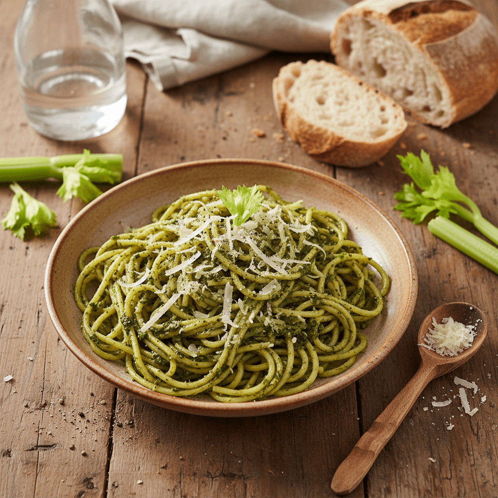 Spaghetti mit Sellerie-Pesto und Gruyère