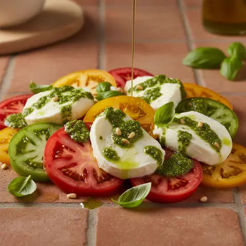 Caprese de tomates anciennes et mozzarella di bufala