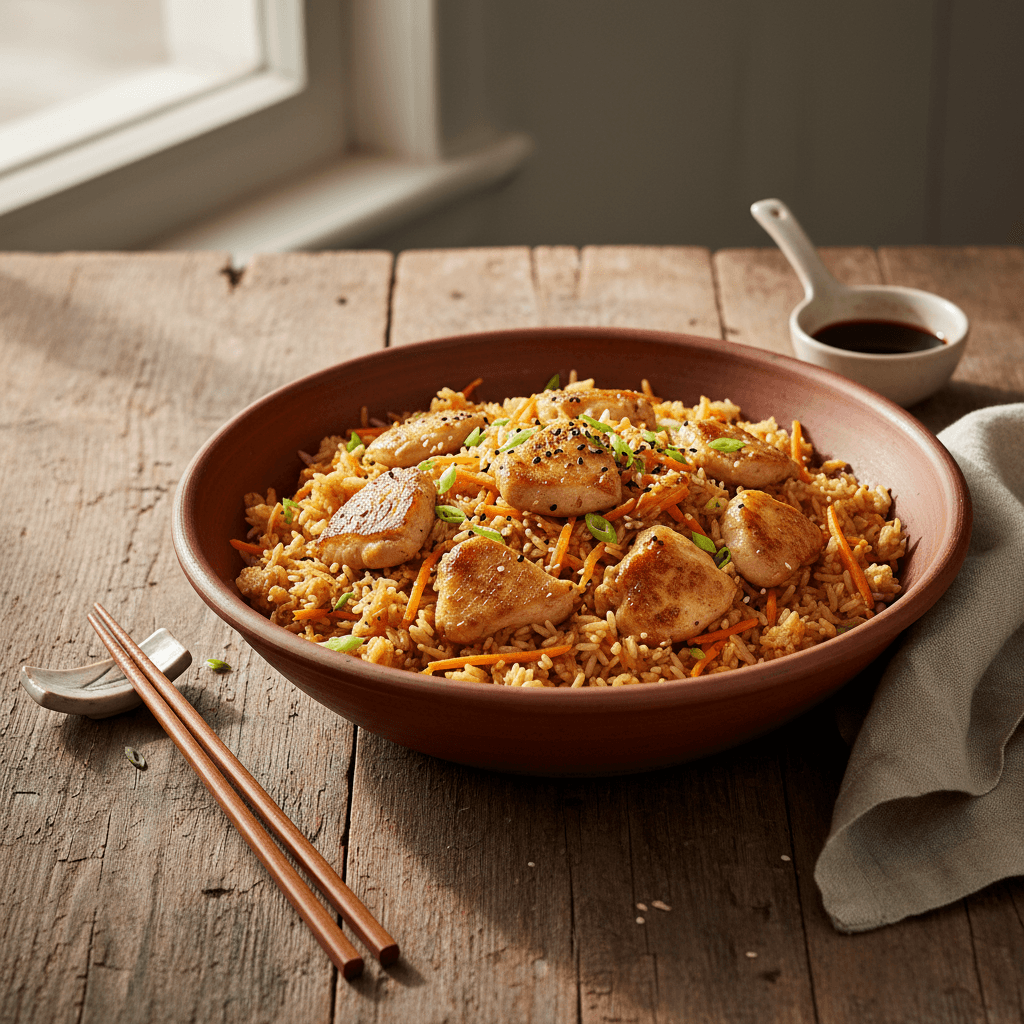 Gebratener Reis mit Hähnchen und Karotten