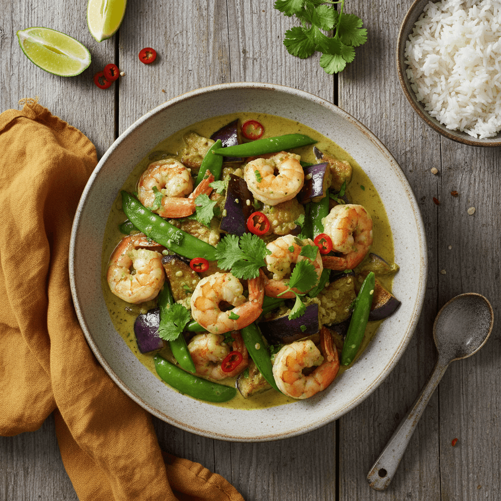 Poêlée de crevettes au curry vert et aubergines