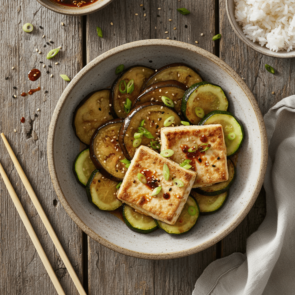 Tofu mariné au miso et aubergines rôties