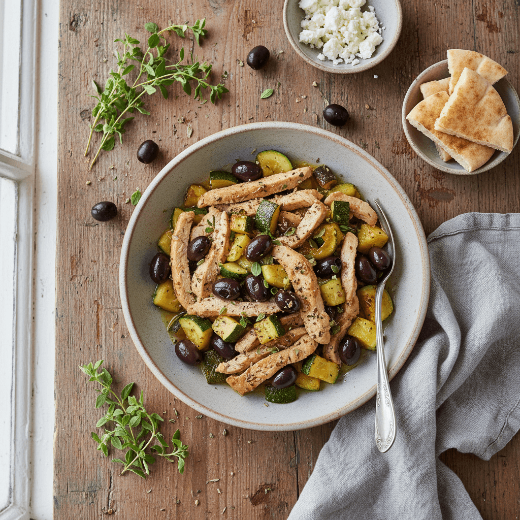 Poêlée de dinde à la grecque, courgettes et olives