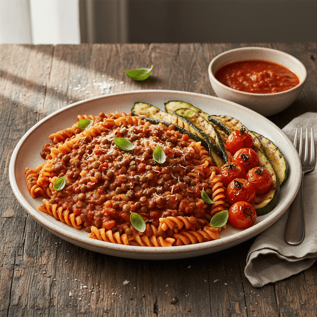 Pasta with Tomato-Lentil Sauce and Grilled Vegetables