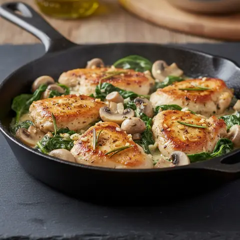 Poêlée de poulet à l'italienne, champignons et épinards