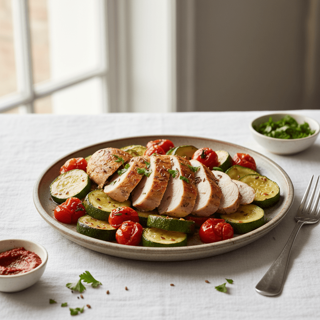 Dinde rôtie au cumin, courgettes et tomates cerises