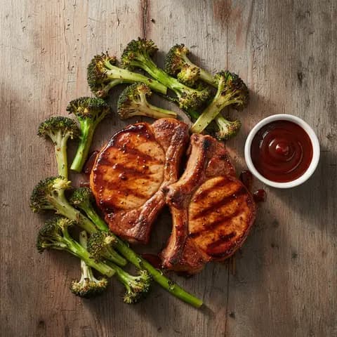Cotes de porc grillees sauce barbecue et brocoli
