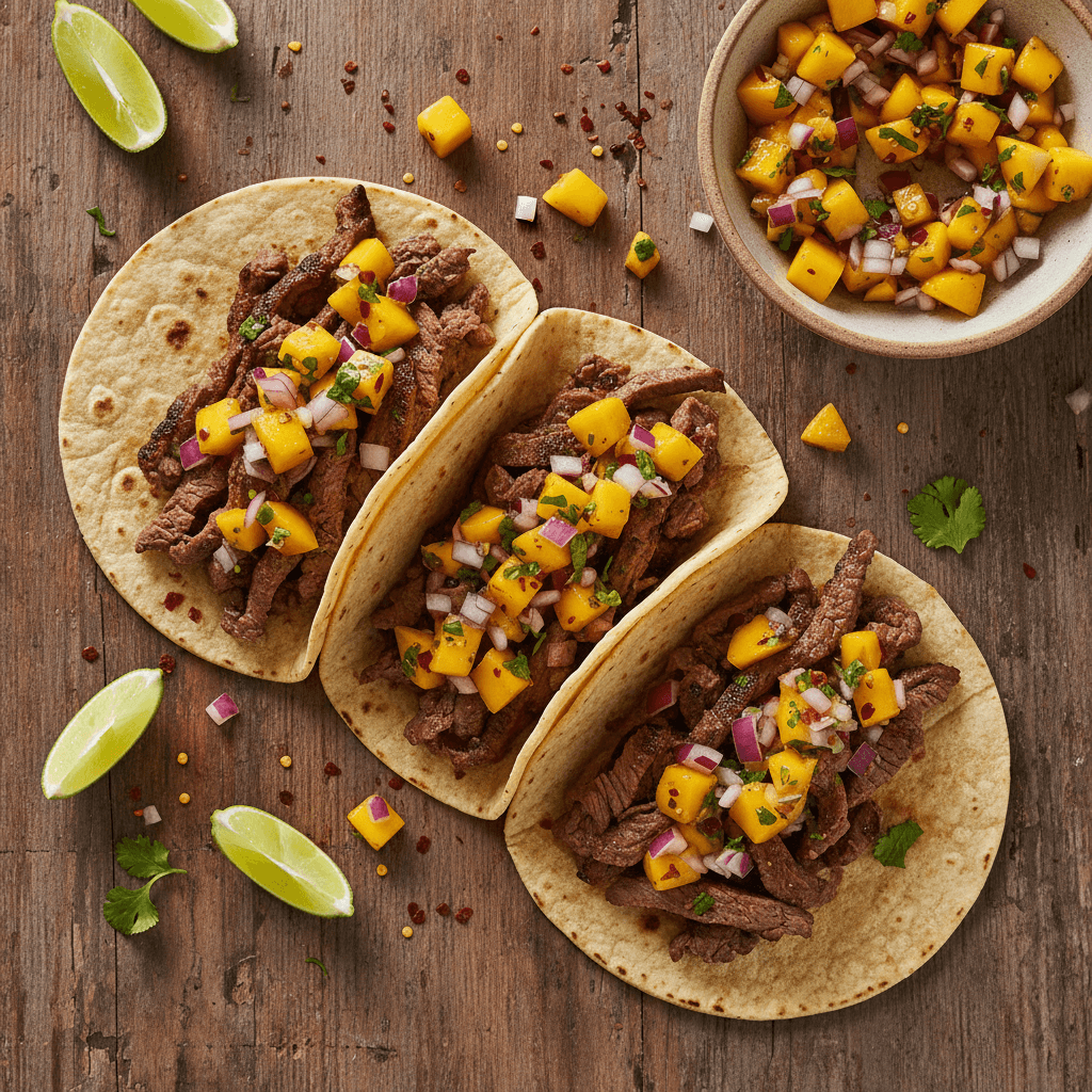 Carne Asada Tacos avec Salsa Mango