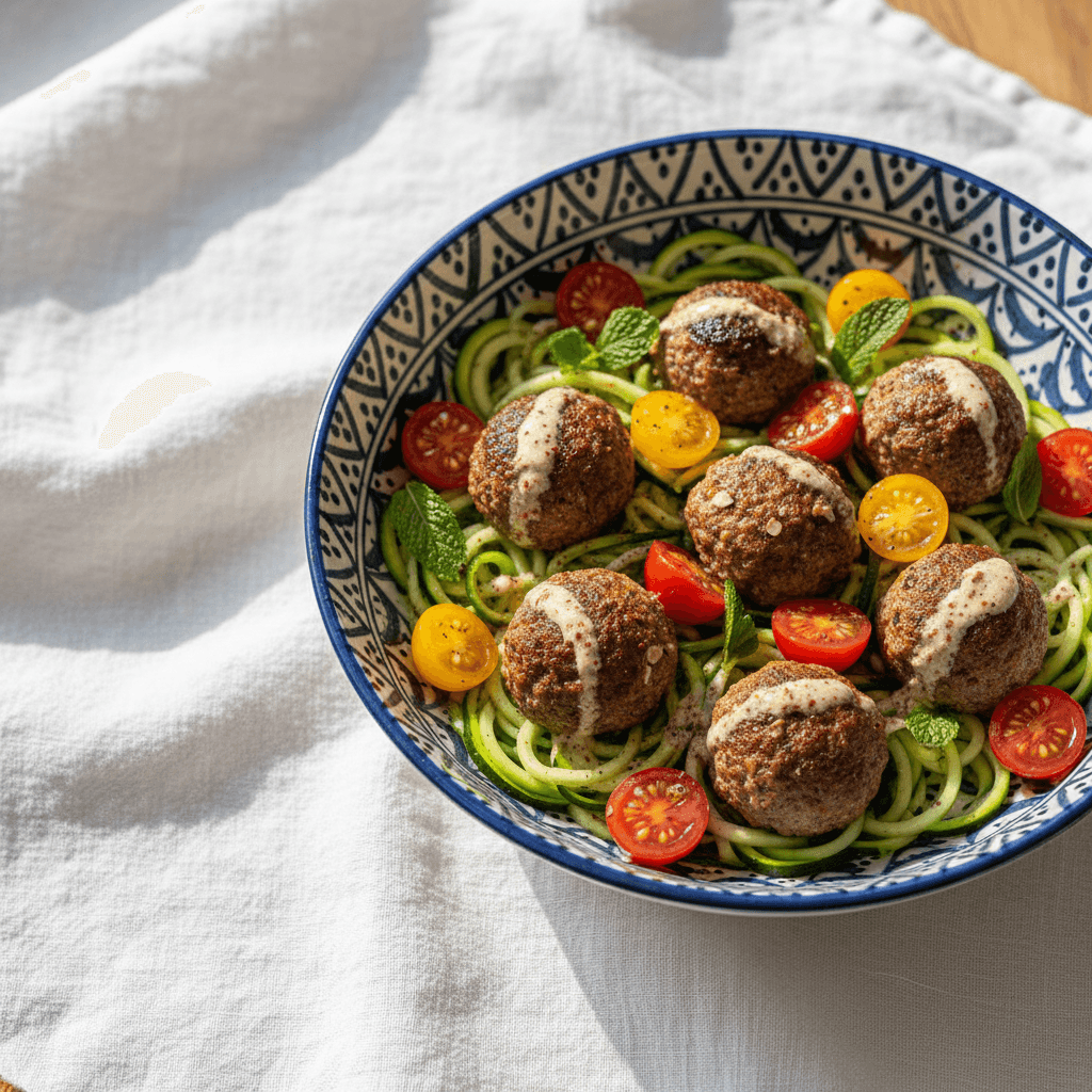 Bowl d'agneau epice sur lit de courgettes