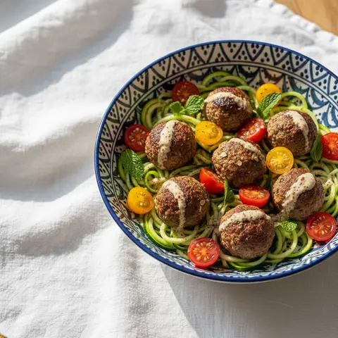 Bowl d'agneau epice sur lit de courgettes