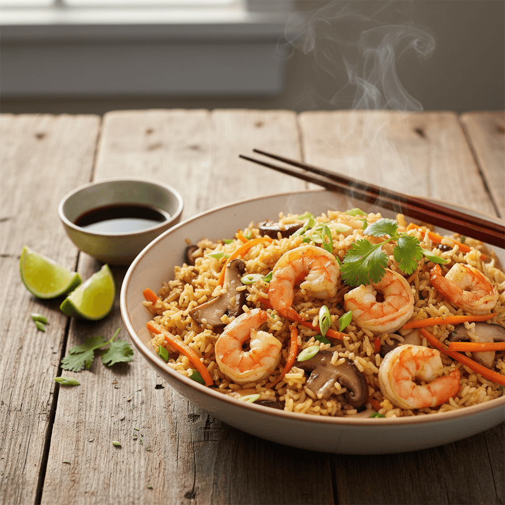 Gebratener Reis mit Garnelen und Gemüse