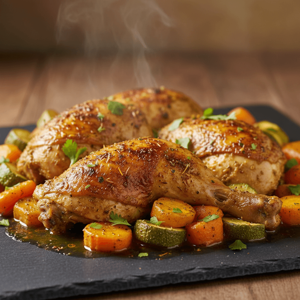 Poulet chermoula, carottes et courgettes rôties