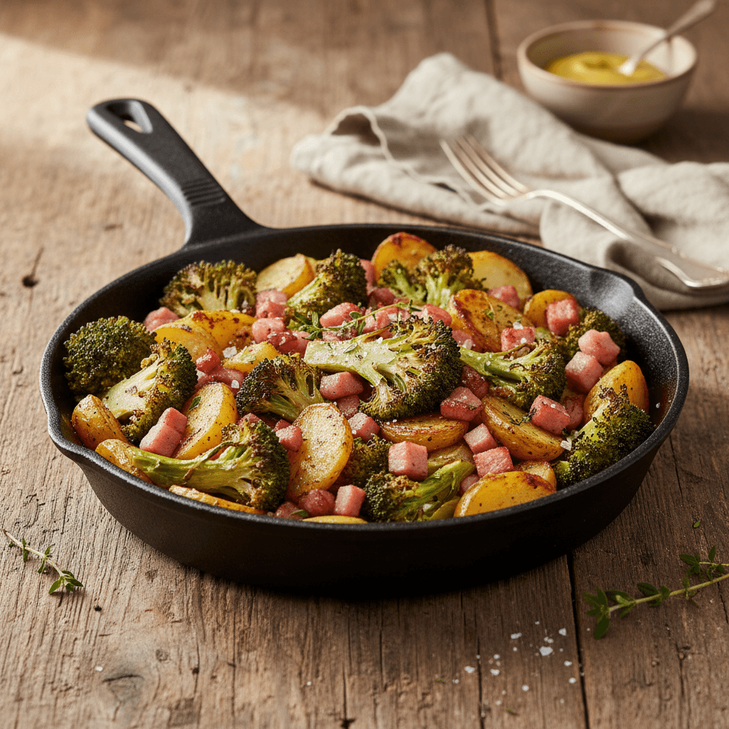 Roasted Broccoli and Crispy Potatoes with Ham