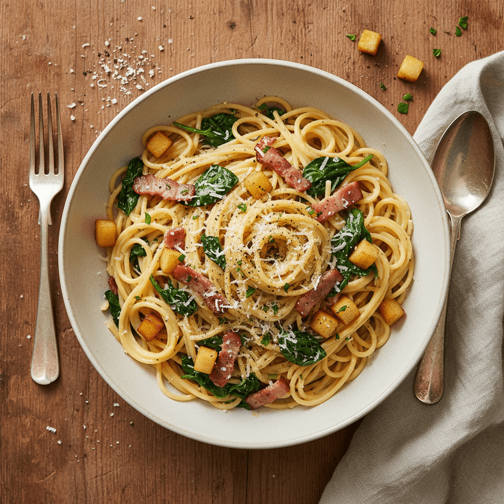 Pâtes Carbonara aux Épinards et Pommes Caramélisées