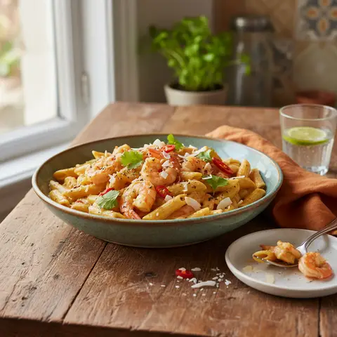 Curry de Pâtes Crevettes et Lait de Coco