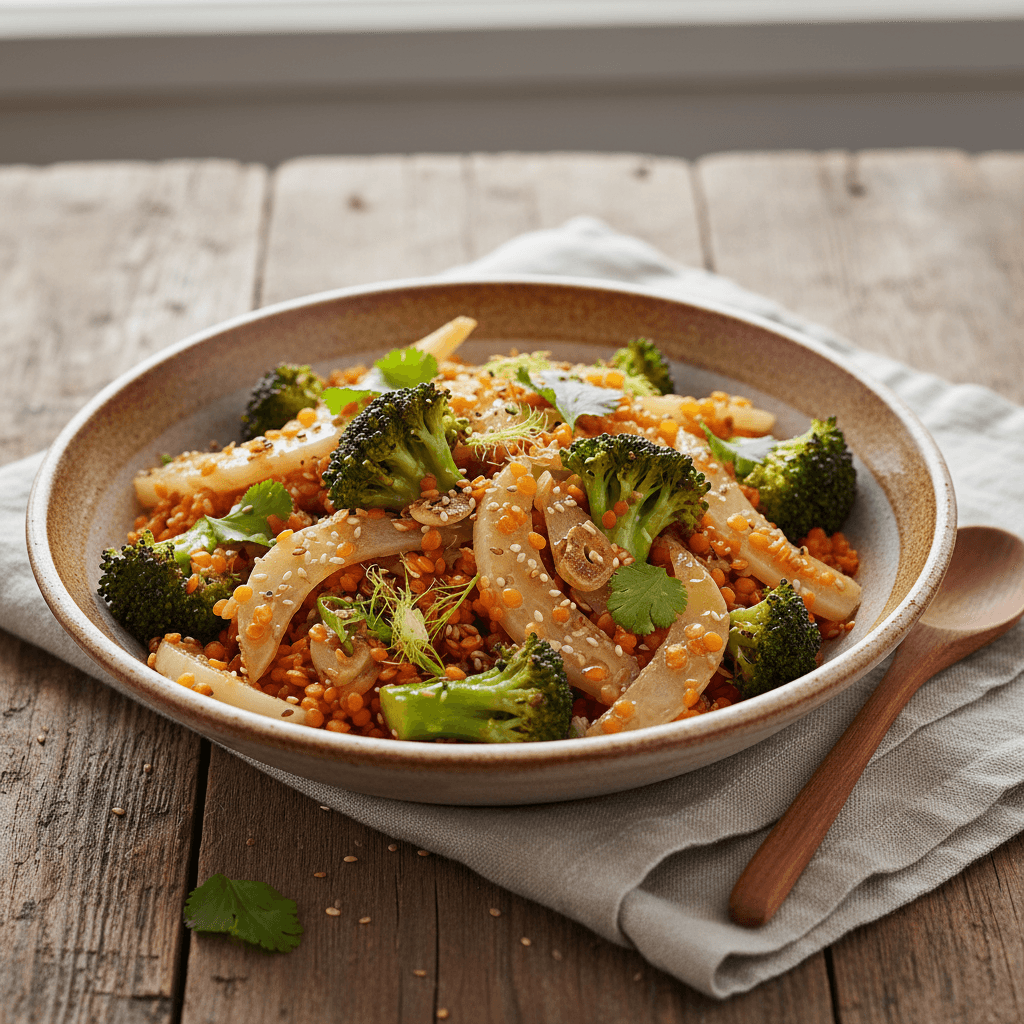 Pfanne mit Brokkoli und Fenchel zu roten Linsen