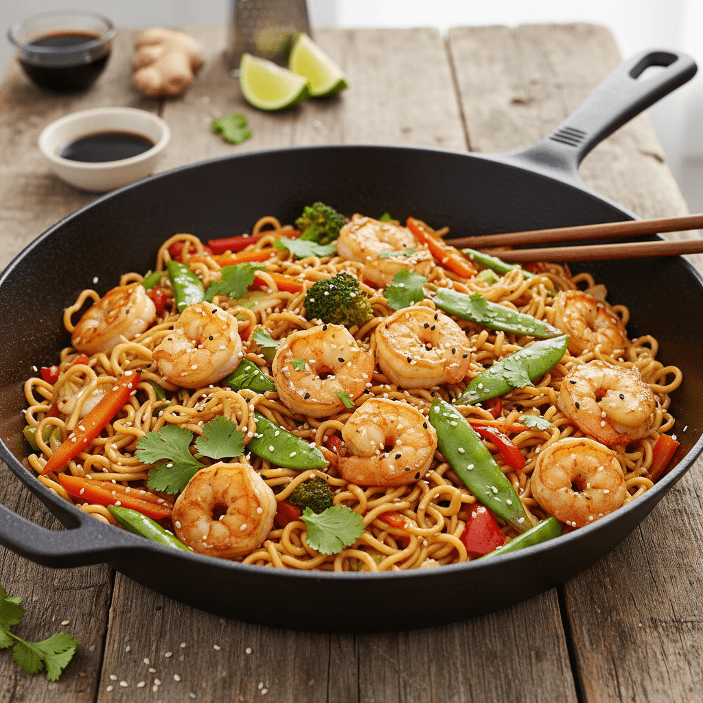 Asian-Style Shrimp and Sautéed Noodles Wok
