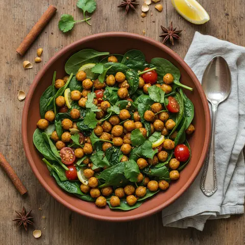 Salade indienne de pois chiches épicés et épinards