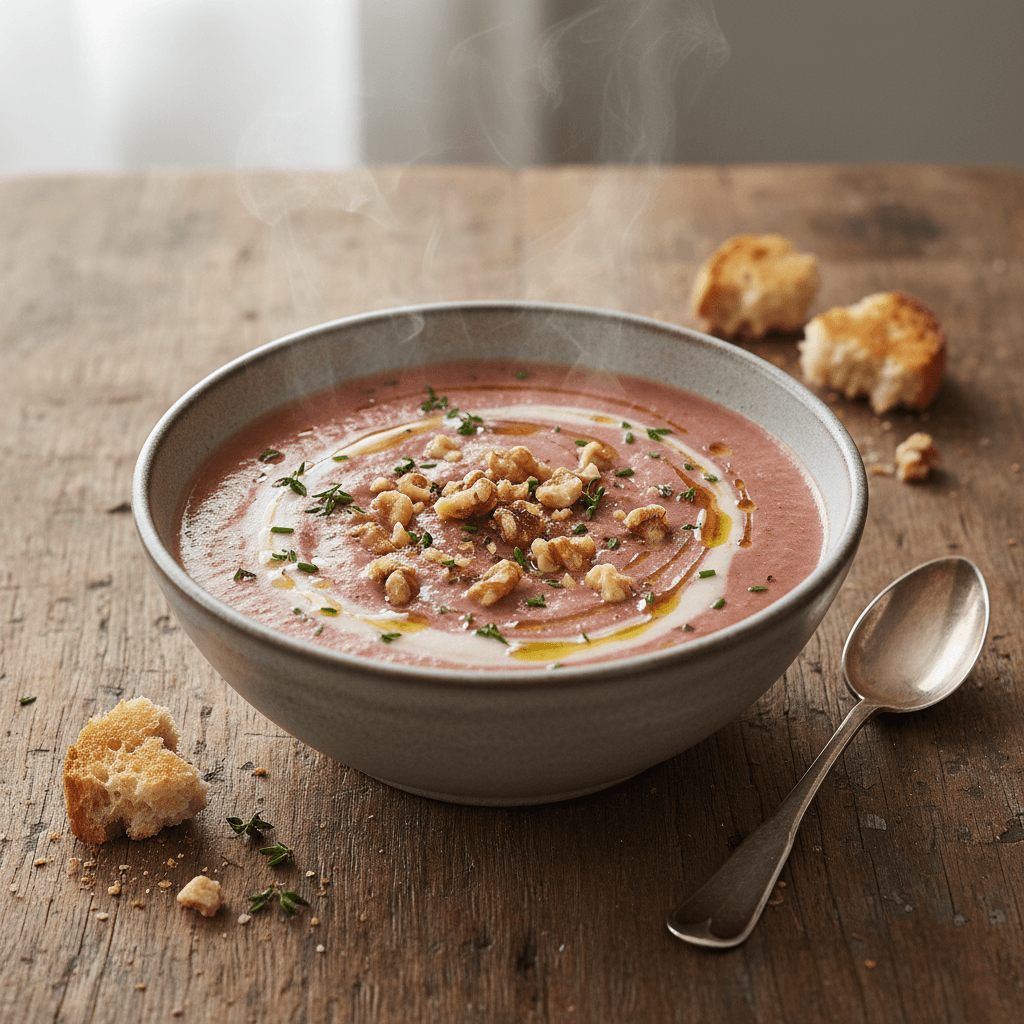 Creamy Cauliflower and Beet Soup with Walnuts
