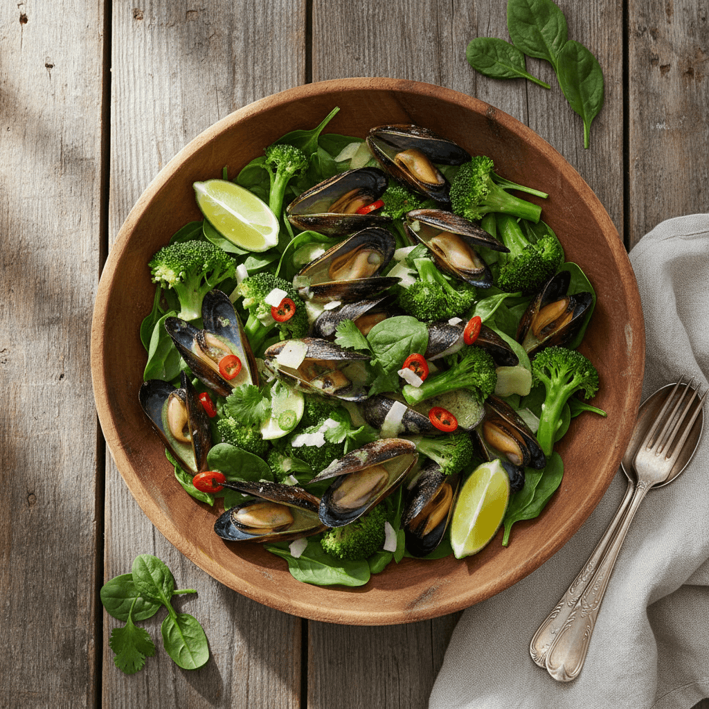 Bowl de moules au curry vert et brocoli