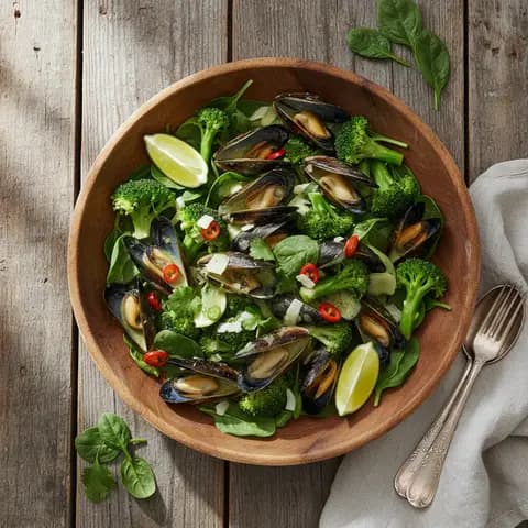 Bowl de moules au curry vert et brocoli