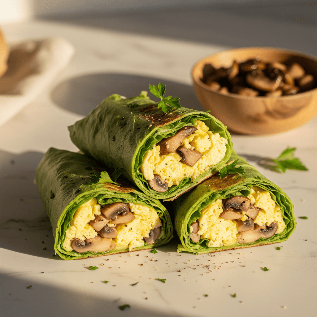 Wrap de laitue aux œufs brouillés et champignons