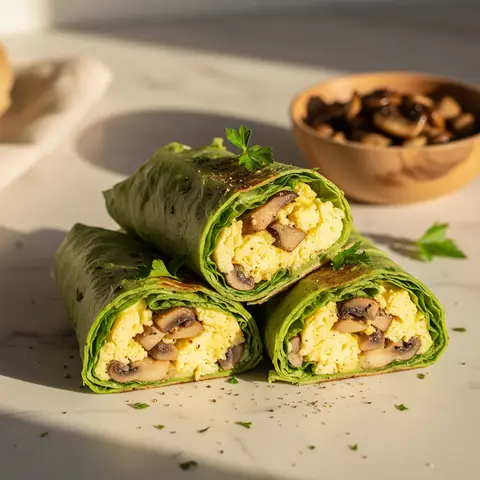 Wrap de laitue aux œufs brouillés et champignons