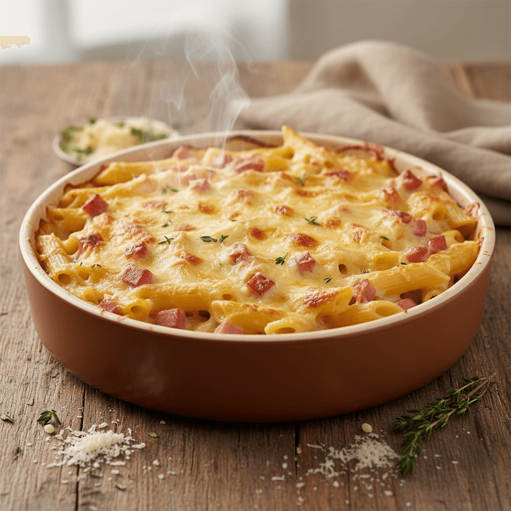 Penne Gratin with Cream and Ham