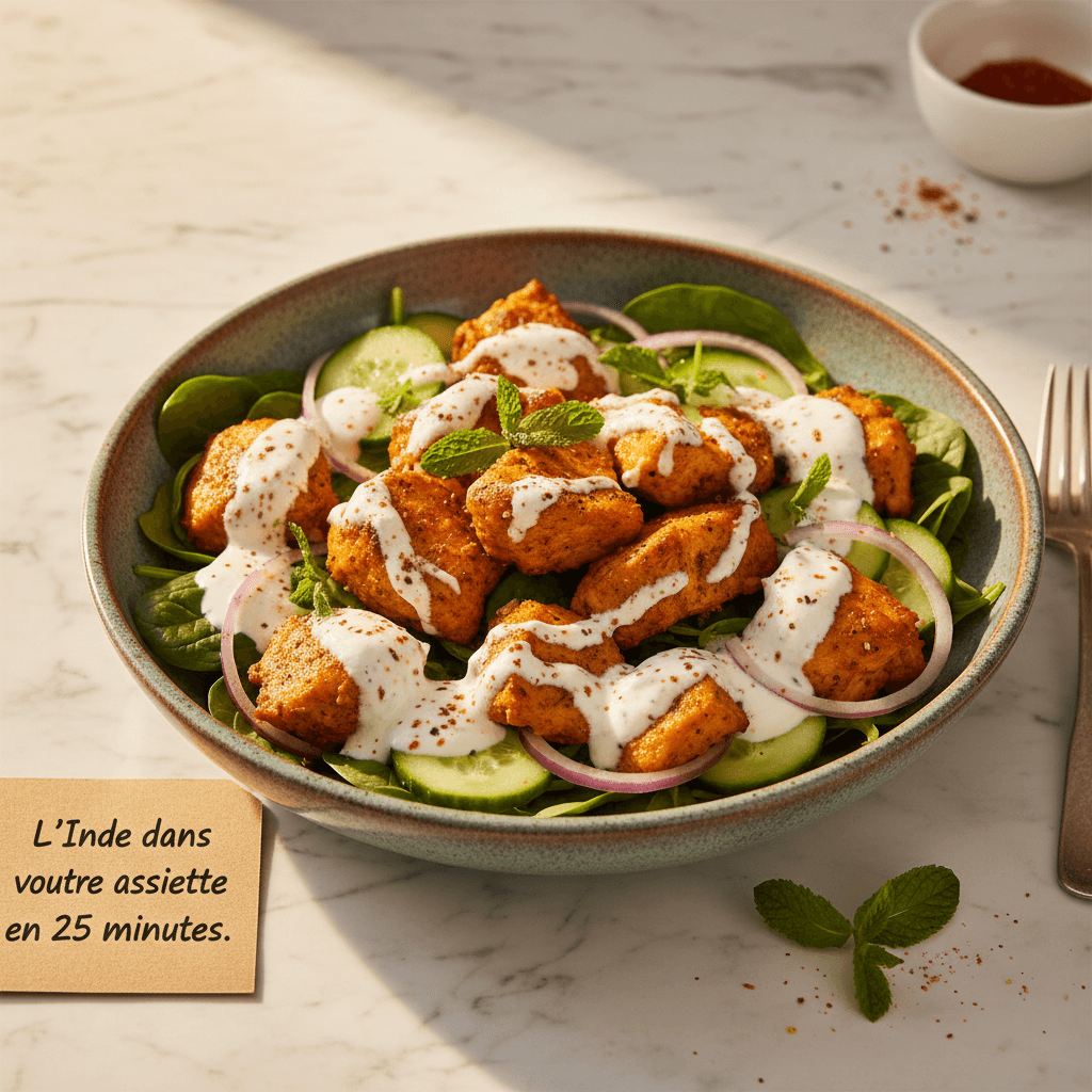 Salade de poulet tandoori, épinards et raïta