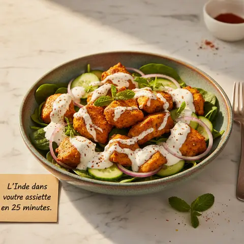 Salade de poulet tandoori, épinards et raïta