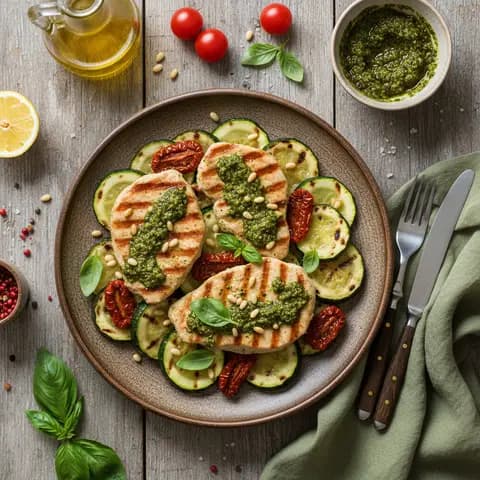 Dinde grillée au pesto, courgettes et tomates séchées
