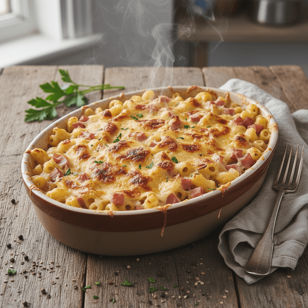 Muschelnudel-Auflauf mit Schinken und Gruyère