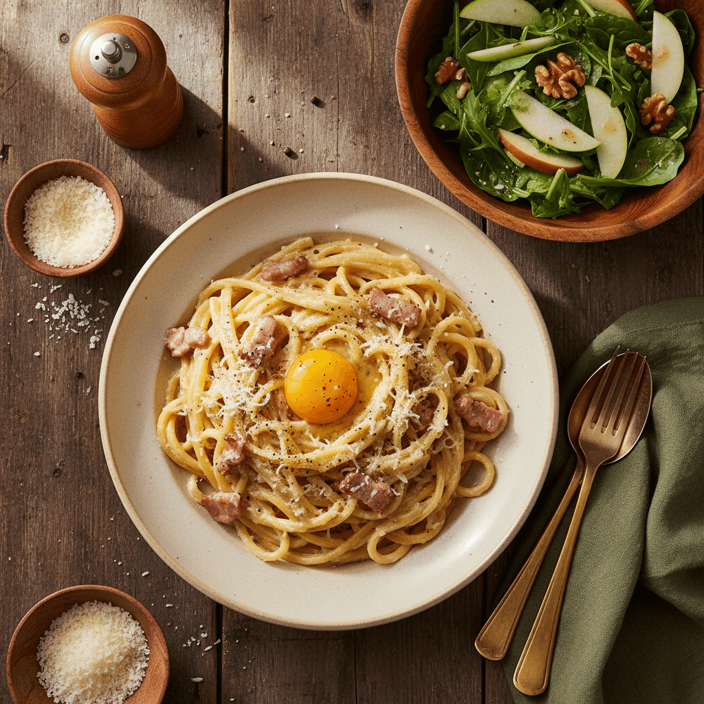 Pâtes à la carbonara maison simplifiée avec salade fraîche
