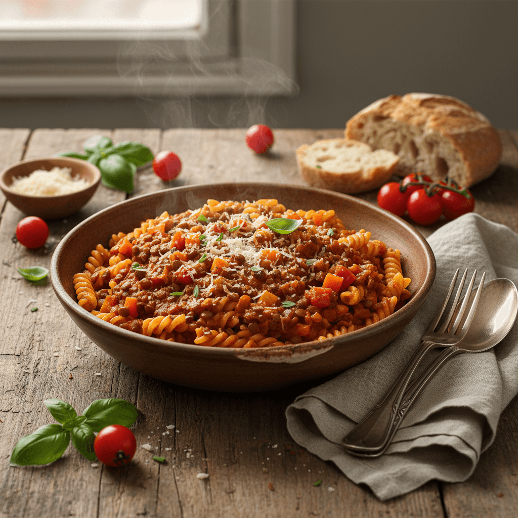 Pasta with Lentils, Carrots, and Tomatoes