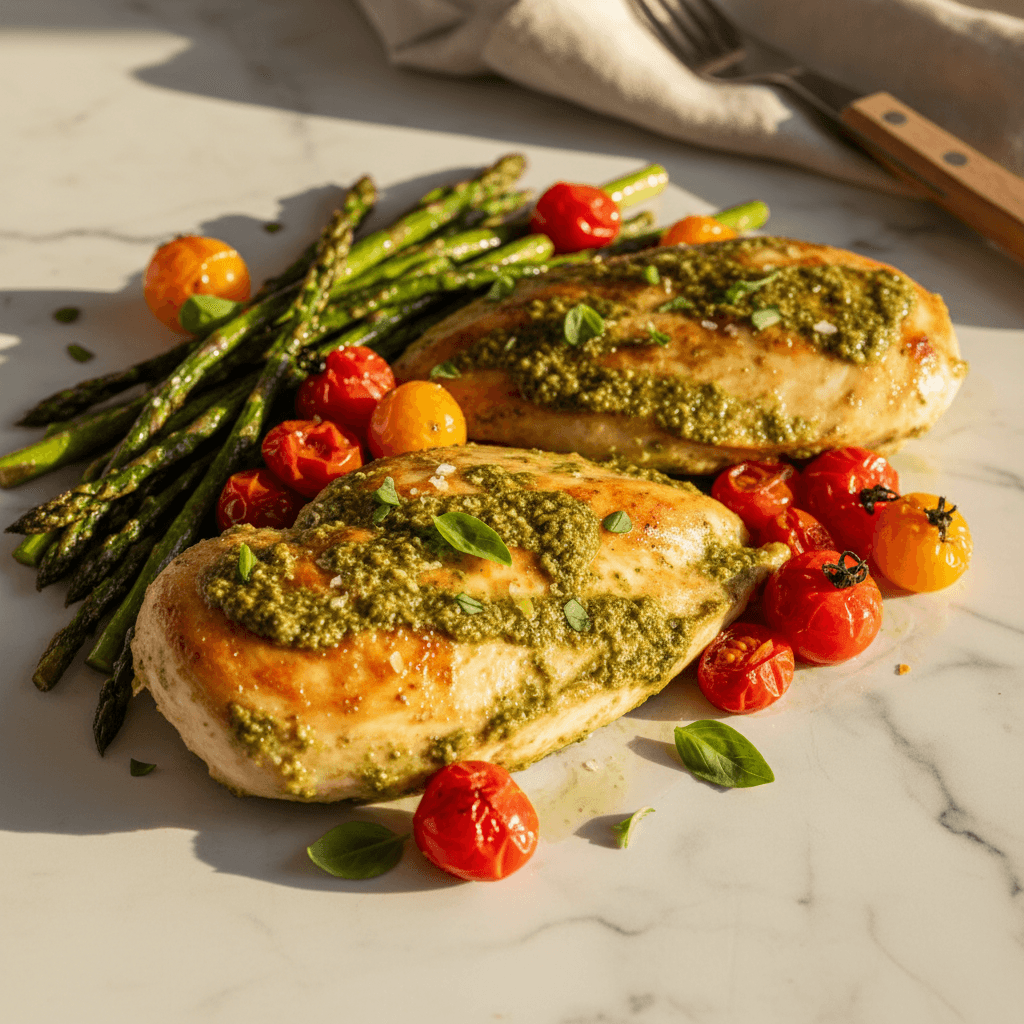 Poulet rôti au pesto, asperges et tomates cerises
