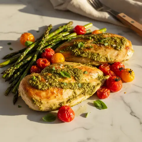 Poulet rôti au pesto, asperges et tomates cerises