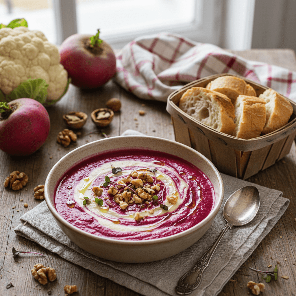 Blumenkohl- und Rote-Bete-Suppe mit Walnüssen