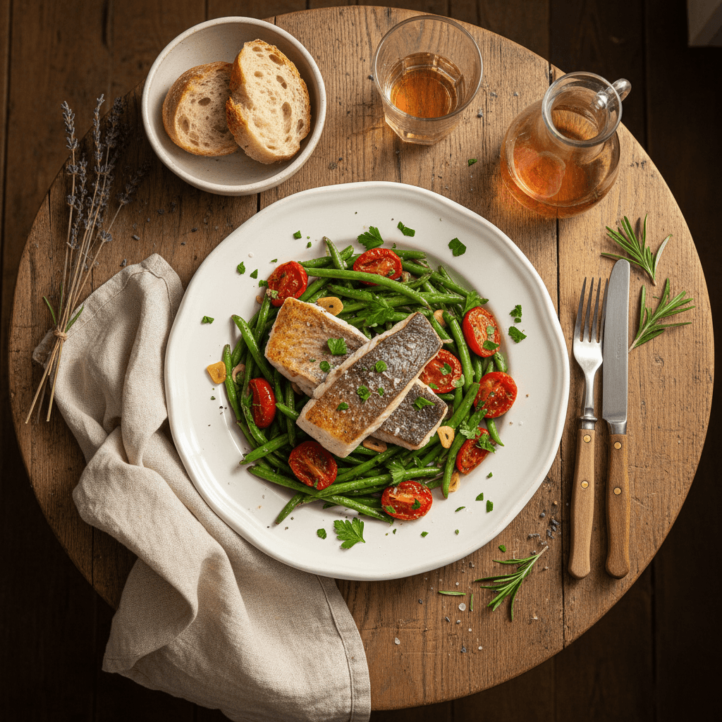 Poêlée de lieu noir aux haricots verts et tomates