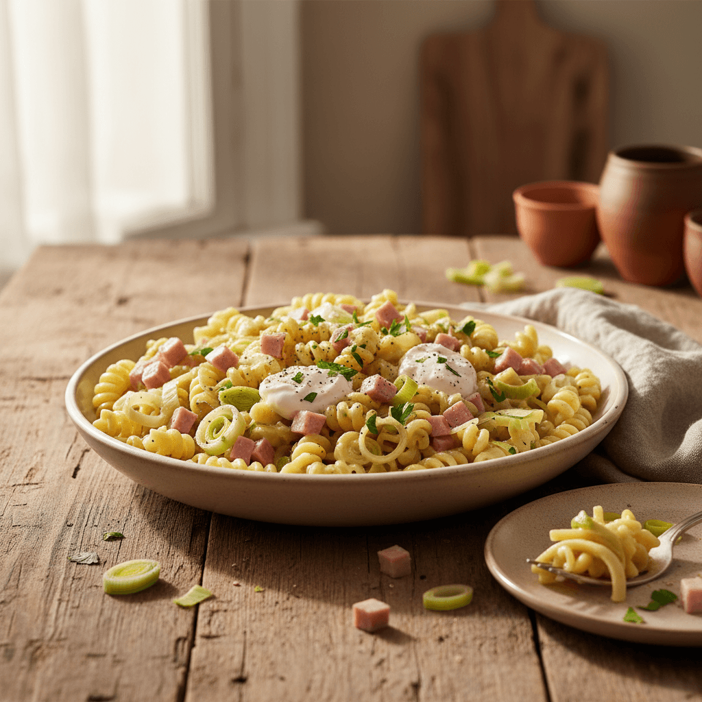 Pasta mit Porree, Schinken und Creme Fraiche