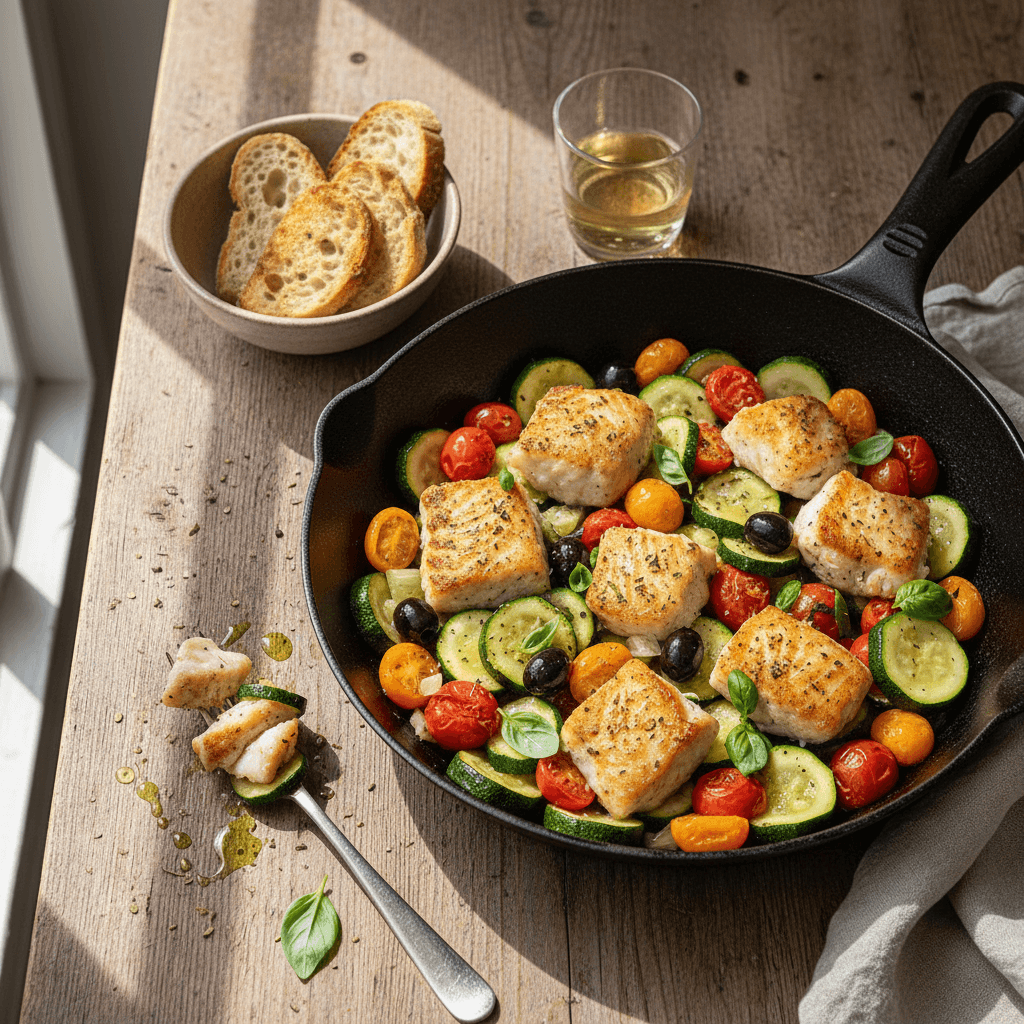 Mediterranean-Style Cod Stir-Fry with Zucchini and Olives