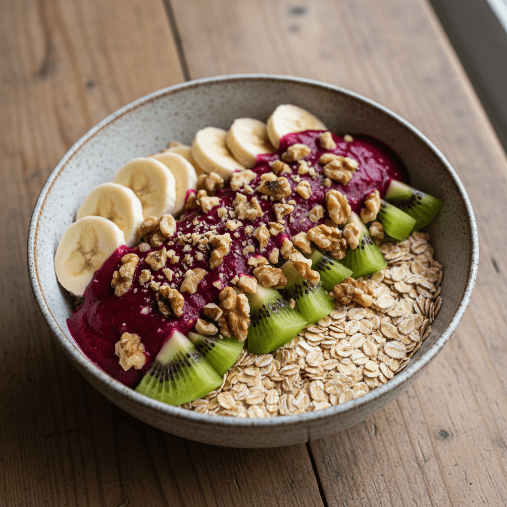 Energy Bowl: Oats, Banana, Kiwi, and Beet Coulis