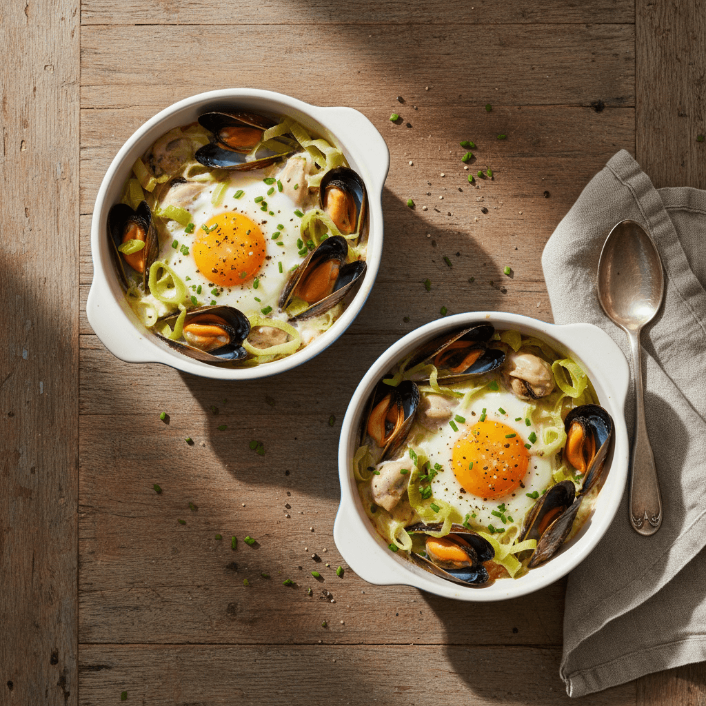 Œufs cocotte aux moules et poireaux