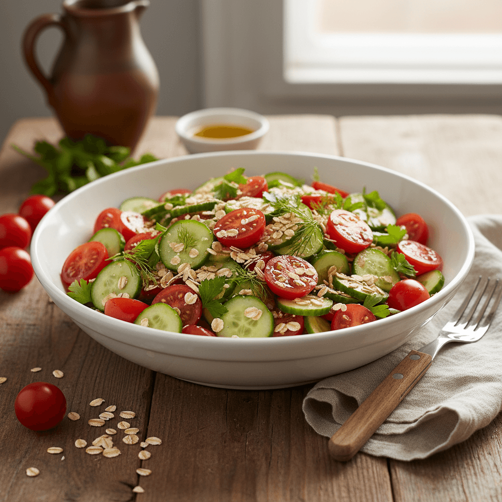 Frischer Salat mit Tomaten, Gurke und Haferflocken