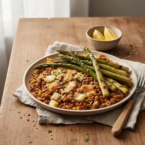 Lentilles rôties au Gruyère et Asperges grillées