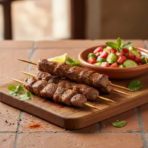 Brochettes d'agneau a la marocaine et salade de tomates